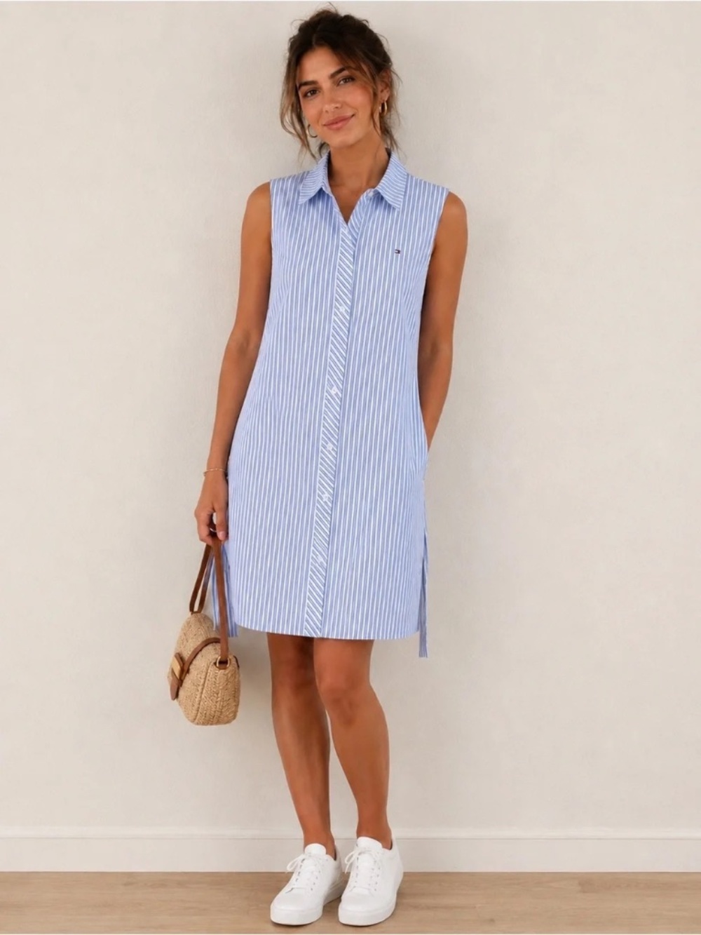 Tommy Hilfiger Blue and White Striped Sleeveless Shirt Dress Size 10 NWT